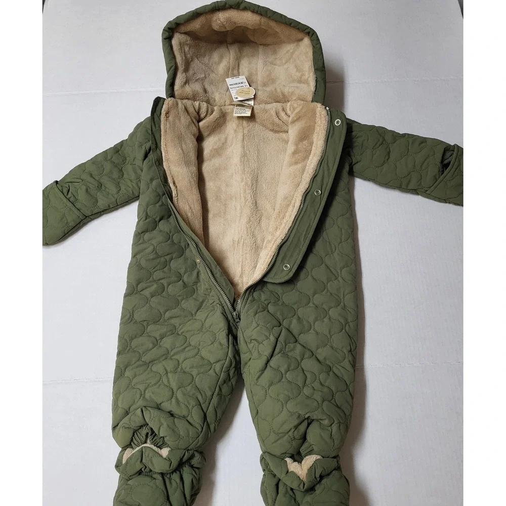 First Impressions 18 months Quilted Sherpa Lined Snowsuit Hooded Olive Green NWT